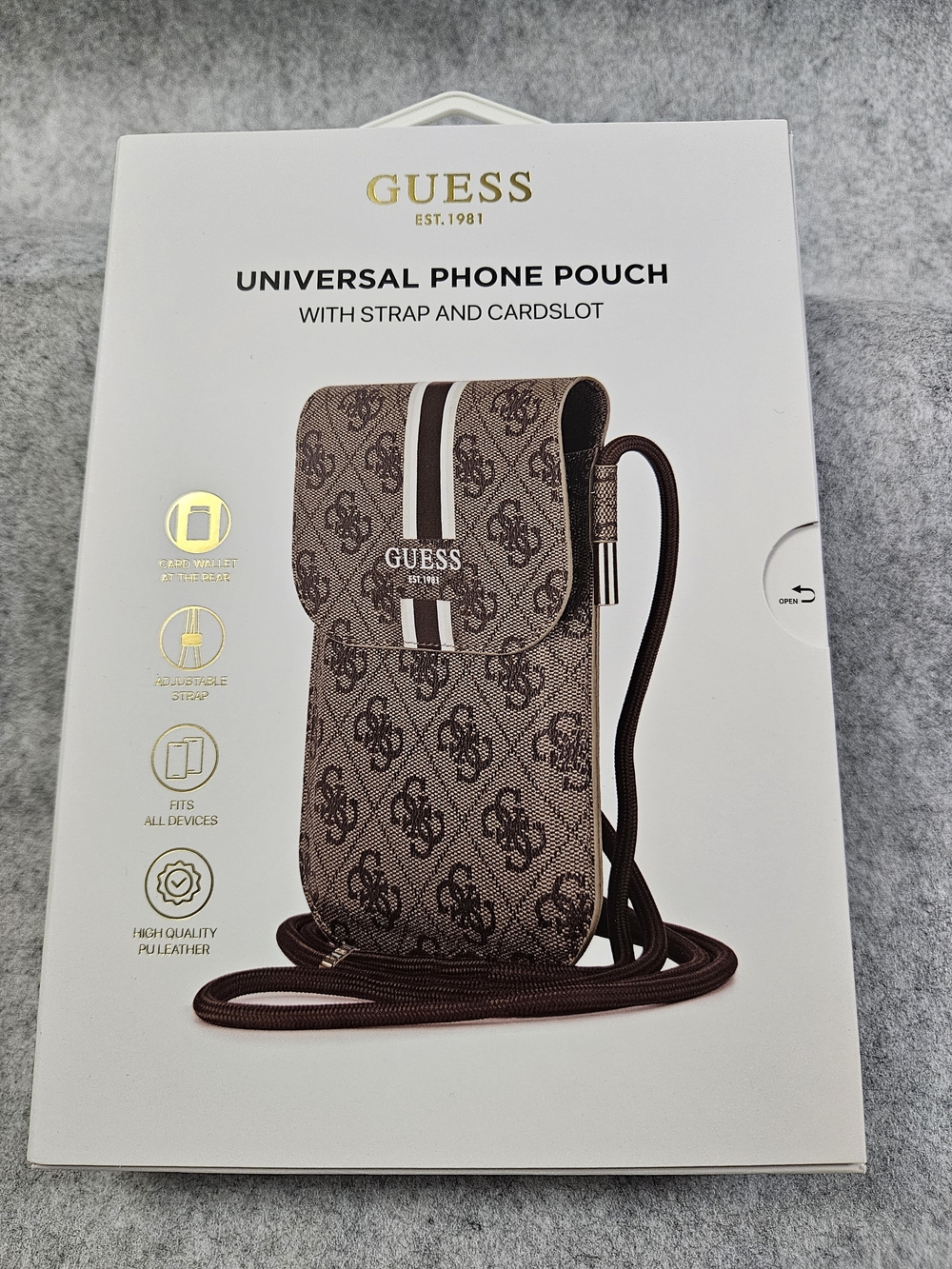 GUESS Brown Monogram Crossbody Phone Pouch with Stripe Detail